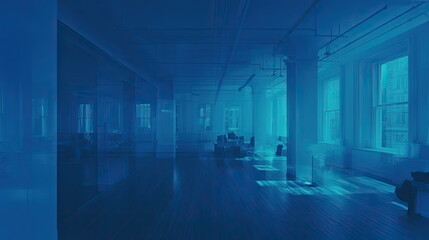 Naklejka premium Empty modern office interior featuring an open plan layout, numerous large windows, and contemporary design, creating a sense of spaciousness and innovation