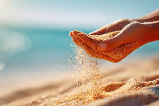 Hands letting golden sand fall on beach
