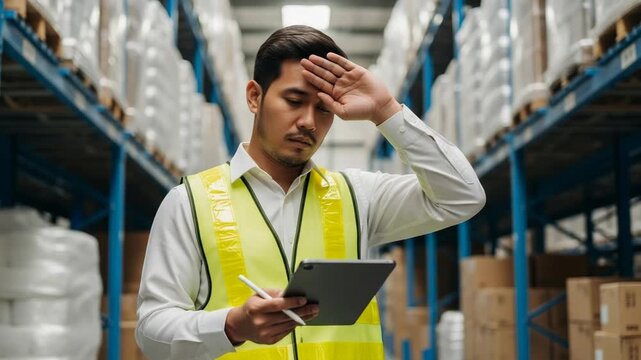 Warehouse worker wiping sweat from forehead while holding tablet