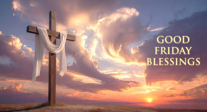 Good Friday Blessings Empty Cross White Cloth Against Colorful Heavenly Sky Spiritual Christian Faith Easter  Religious Hope Sacrifice Redemption