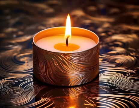 a single illuminated candle rests on a reflective surface adorned with swirling metallic patterns creating a mesmerizing artistic and serene scene