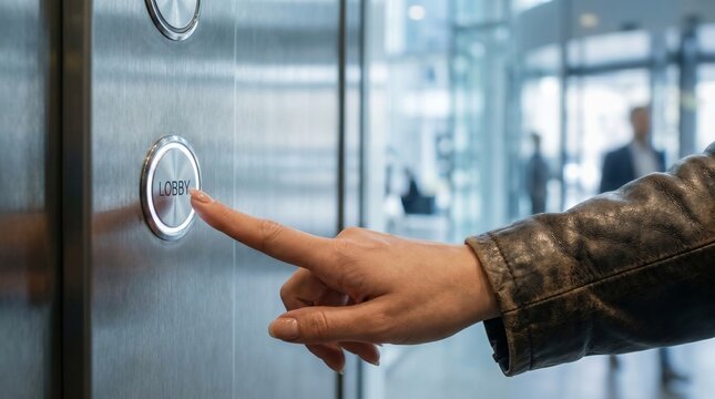 "Close-up view on female hand pushing elevator lift button in business center"