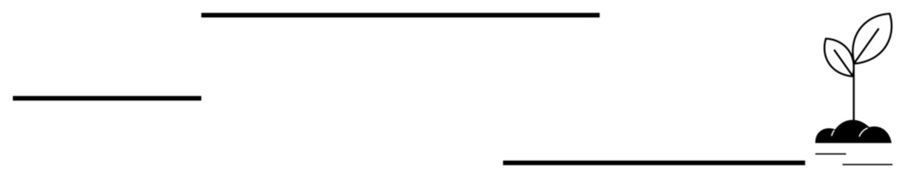 Growth, progress, sustainability, ecology, development, future goals. Minimal seedling sprouting from soil framed by horizontal lines. Growth and progress by sprouting seedling