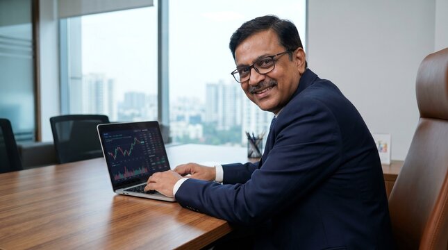 "Mature 50s indian ceo business man in suit using pc laptop for trading looking smiling at camera"