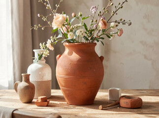 Naklejka premium A vase filled with flowers sits atop a wooden table
