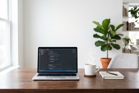 Modern Workspace with Laptop Showing Code, Steaming Coffee, and Notebook on Wooden Desk