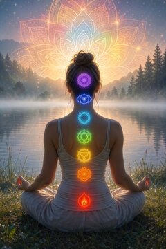 Yoga meditation outdoors. Woman sits in a Lotus pose in nature. Colorful chakras and aura glow. Kundalini energy. Zen practicing. Spiritual practice. Relaxation. Esoteric. Generative AI