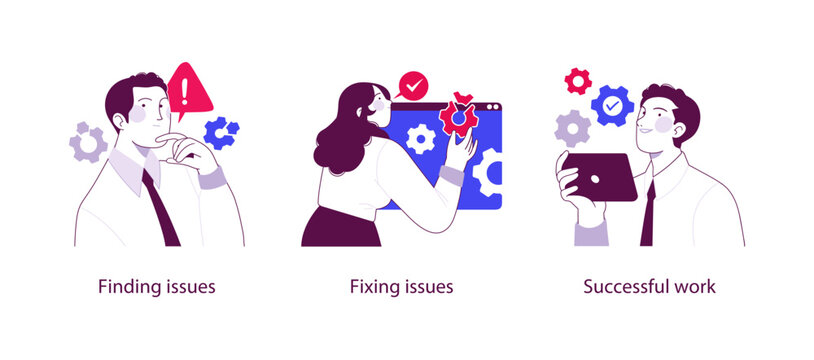 Flat business illustration showing problem identification, fixing issues, and successful work outcome through analysis, troubleshooting, and optimized workflow.