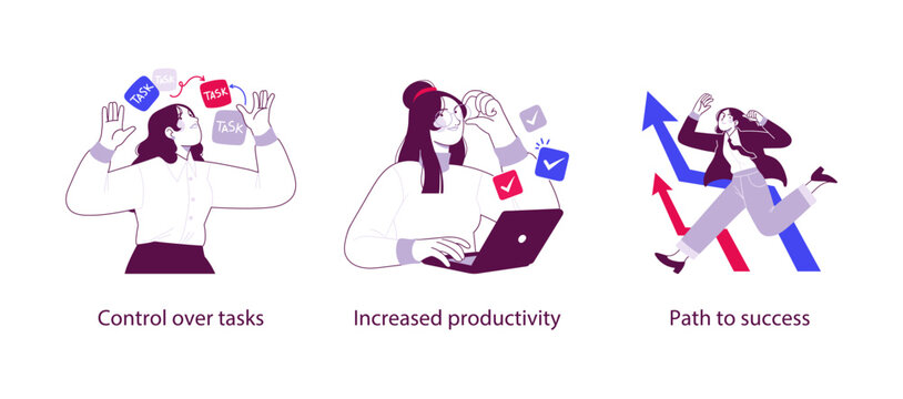 Flat business illustration showing control over tasks, increased productivity, and clear path to success through planning, focus, and effective work management.
