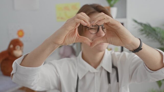Young woman doctor forming heart with hands while smiling, wearing stethoscope in a pediatric clinic with toys and drawings on wall; compassion child health.