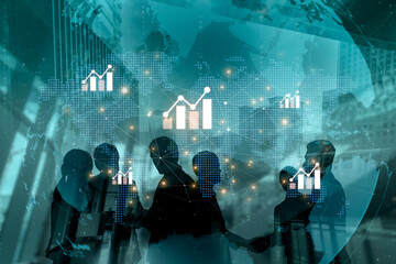 Obraz premium Visualization of global economic growth and stock market data. Financial chart analysis shows international business performance and investment opportunities in the world market. Fermion