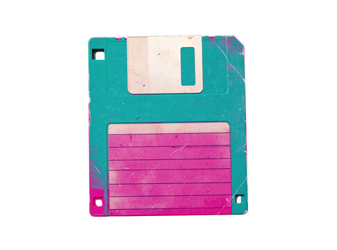 A classic floppy disk sitting on a white background