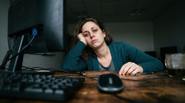 A visual echo of digital burnout, where the flickering screen reflects a hollowed-out spirit. It captures the heavy, stagnant air of a task that has no end and a mind that has reached its limit.