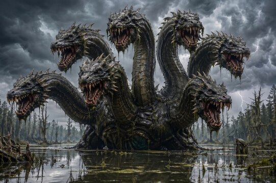 Hydra, a many-headed monster from ancient Greek mythology. When it loses a head, it grows two new ones. Water snake. Deadly breath and poisonous saliva. Lernaean Hydra or Hydra of Lerna. Generative AI