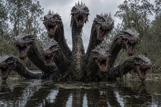Hydra, a many-headed monster from ancient Greek mythology. When it loses a head, it grows two new ones. Water snake. Deadly breath and poisonous saliva. Lernaean Hydra or Hydra of Lerna. Generative AI