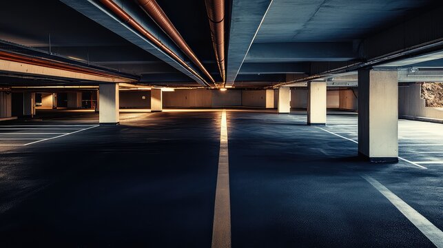 Underground parking garage features an empty dark space with concrete pillars and overhead pipes creating a sense of isolation and urban infrastructure