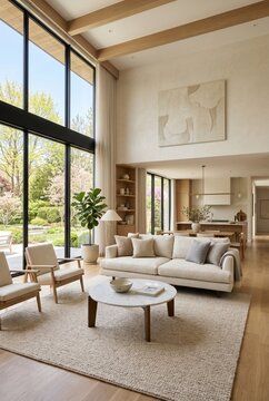 Luxurious Modern Living Room with High Ceilings and Large Windows Overlooking a Garden