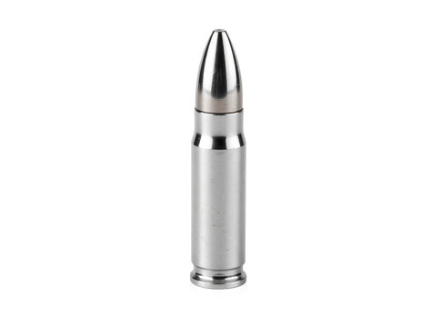 A silver bullet with a metal tip on a white background, suitable for use in decorative design or illustration