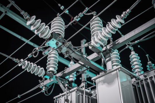 Power lines and insulators at electrical substation with unusual angular composition