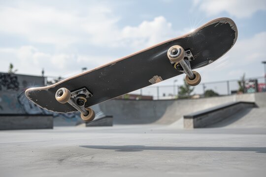 Skateboard midair above concrete skatepark captured during a flip trick