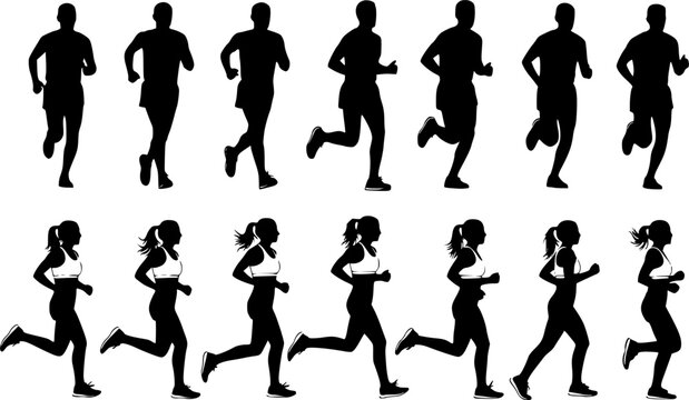 Running men and women, isolated vector silhouettes. Run, side view. Silhouettes of athletic looking male and female runners running. Transparent EPS version.