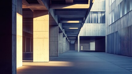 Naklejka premium Concrete building components forming a pattern of strong lines, geometric shapes, and perspective, with sunlight casting sharp shadows across the modern structure
