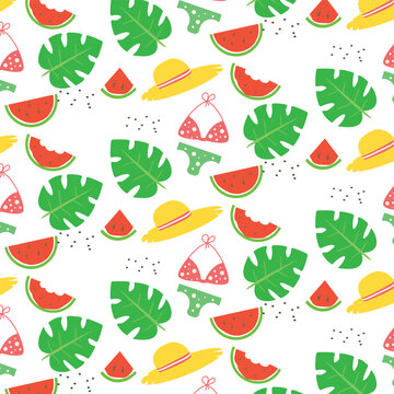 Seamless summer pattern with sun hat, swimsuit, leaf, dots, and watermelon.