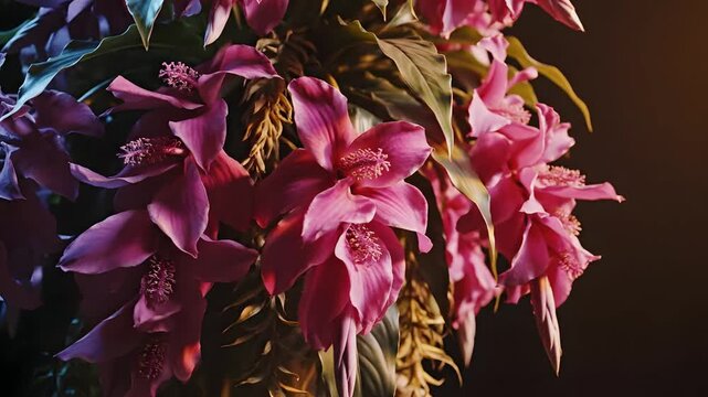 Pink tropical Medinilla magnifica flowers in dramatic low light, elegant floral arrangement for Mother's Day greeting, luxury botanical background, romantic garden display.