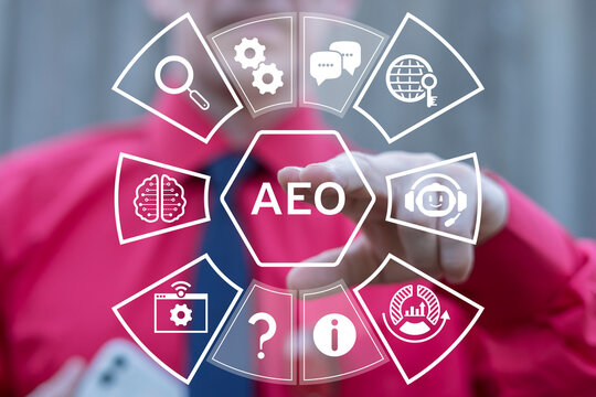 Concept of AEO Answer Engine Optimization. Business person using virtual touchscreen presses the acronym AEO.