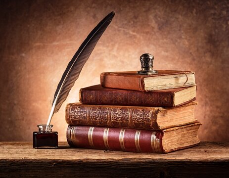 classical literature banner featuring antique books and a quill on a vintage background