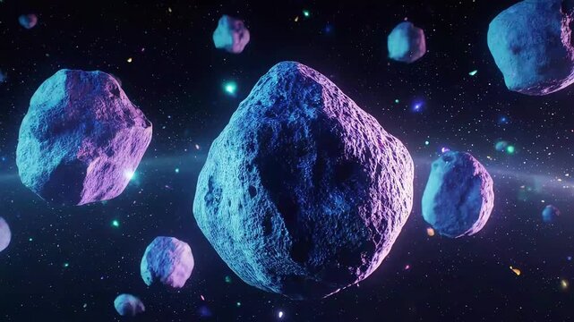 Brightly illuminated floating asteroids and rocks drift through a starry deep space with colorful nebulae
