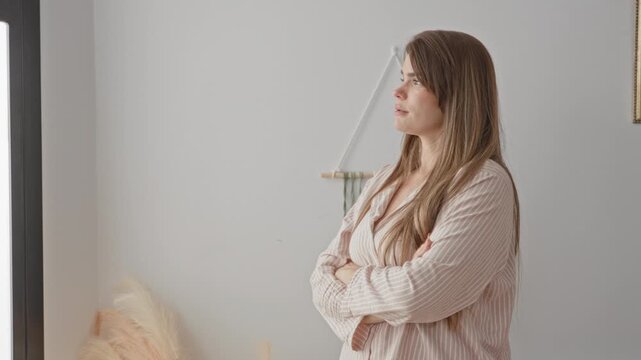 Woman in striped shirt standing with arms crossed, looking toward window beside pampas grass and macrame wall hanging in building; thoughtful reflection.