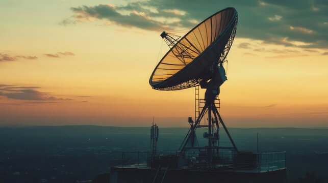Large satellite dish standing on a building, transmitting and receiving data against a warm sky, symbolizing global connectivity and data exchange in telecommunications
