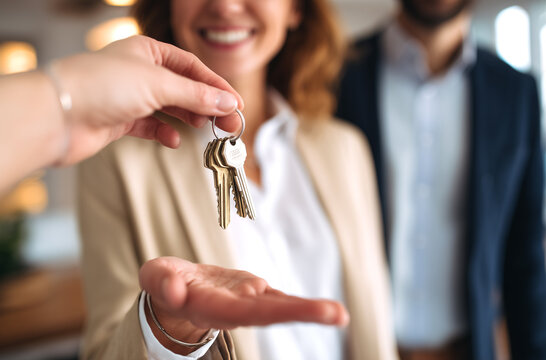 Entrega de llaves durante una transacci&oacute;n inmobiliaria. En un entorno comercial, un juego de llaves pasa de mano en mano, evocando conceptos como la transferencia de propiedad.
