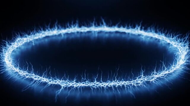 Cinematic video clip of glowing blue electric ring on dark background