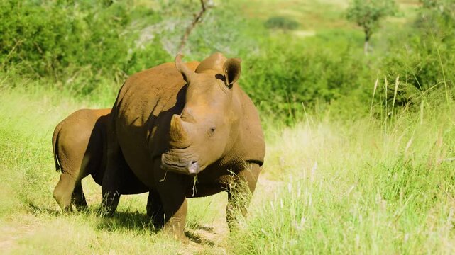 A white rhinoceros (Ceratotherium simum) grazing with her baby.