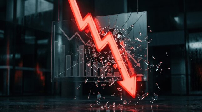 Financial Crisis Concept Showing Red Arrow Breaking Glass With Financial Charts in a Modern Office Setting