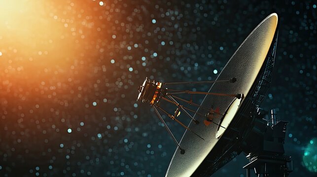 Large parabolic dish antenna operating as a radio telescope, collecting data and transmitting signals across the universe amidst a backdrop of distant stars and cosmic light