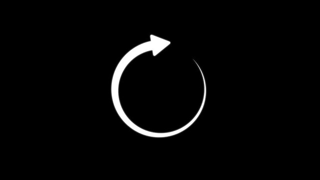 Animated white circular arrow icon on a black background, representing refresh, reload, or cycle function. Motion graphics of concept 4k video animation