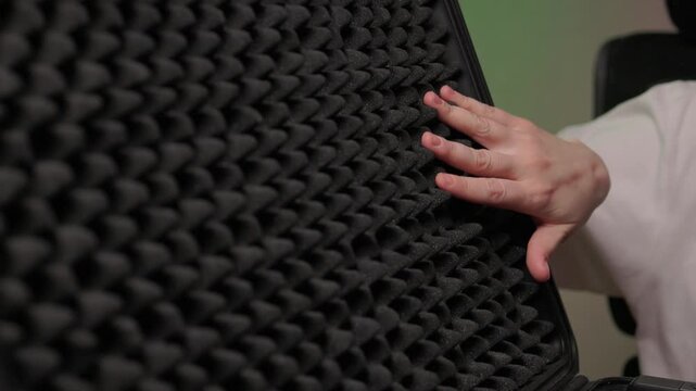 Hand touching foam rubber soundproofing panel, closeup texture study with soft studio light and eggcrate pattern conveying tactile curiosity and acoustic control