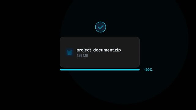 File Download Progress Bar Animation with ZIP Document at 100 Percent Complete on Dark Background with Blue Speed Lines