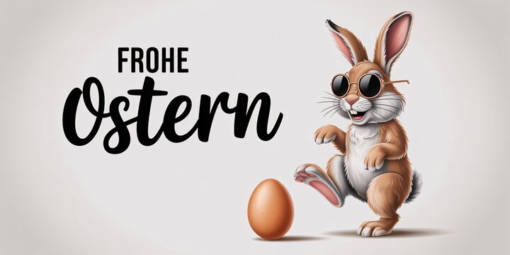 Cute easter bunny holding a painted egg with german greeting frohe ostern.