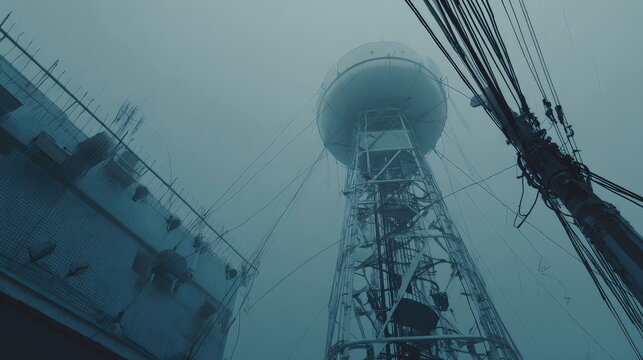 Tall industrial tower and utilitarian building emerging from a thick fog, creating a moody, desolate urban landscape with tangled overhead power lines