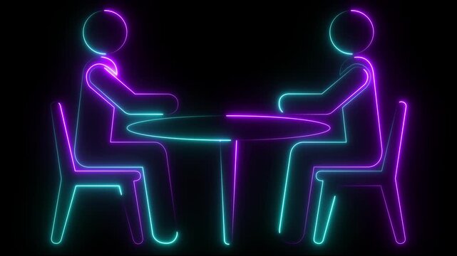 Glowing neon Two people seated at a round table, engaged in a discussion or meeting. depicted in a minimalist .iconographic style with clean lines and a simple aesthetic. Motion graphics. animation..