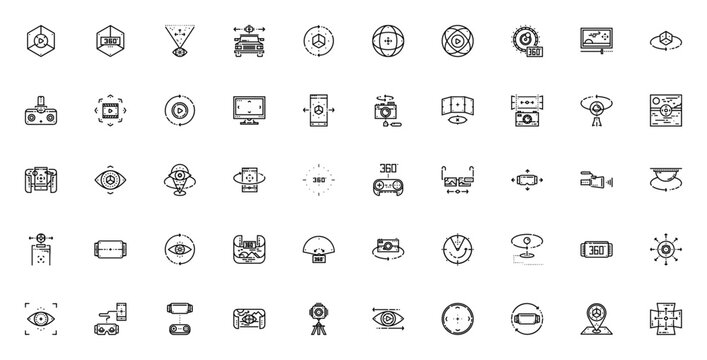 360 view icon set. Vector icons pack for virtual reality, panoramic, camera and AR. Includes cube, smartphone, gamepad, VR glasses, rotate, radar and more. Editable stroke.