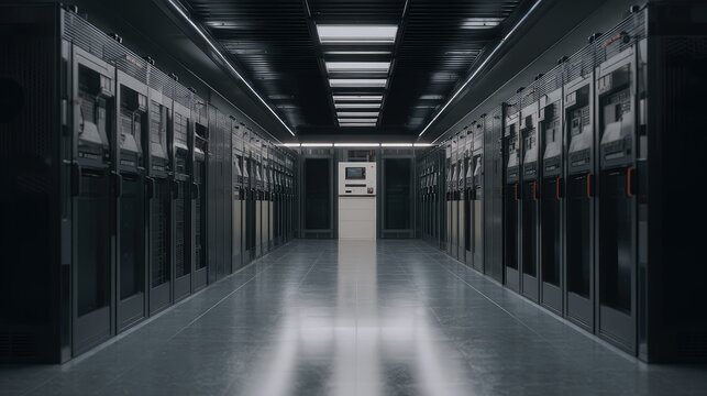Dark server room corridor with long rows of modern servers and a central vintage computer, creating a sense of evolving technology and digital data storage