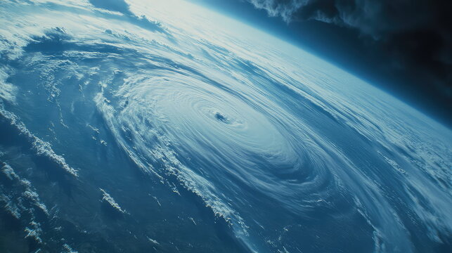 Planet earth spinning in space with a large hurricane like storm swirling across the ocean surface, creating a powerful natural phenomenon visible from a high altitude satellite view