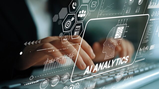 Close-up of Hands on Keyboard with AI Analytics Data Visualization Concept Overlaid in Modern Office Setting. Asymptotic smart data analytic.