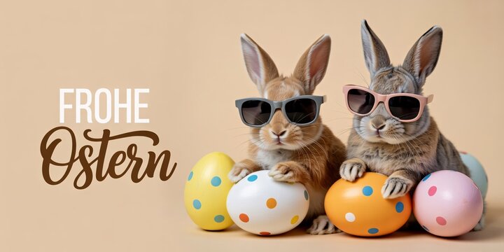 Two rabbits with sunglasses sitting among colorful Easter eggs on pastel background.