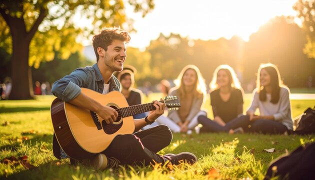 Joyful Guitarist Serenades Friends in a Park During a Warm, Golden Sunset